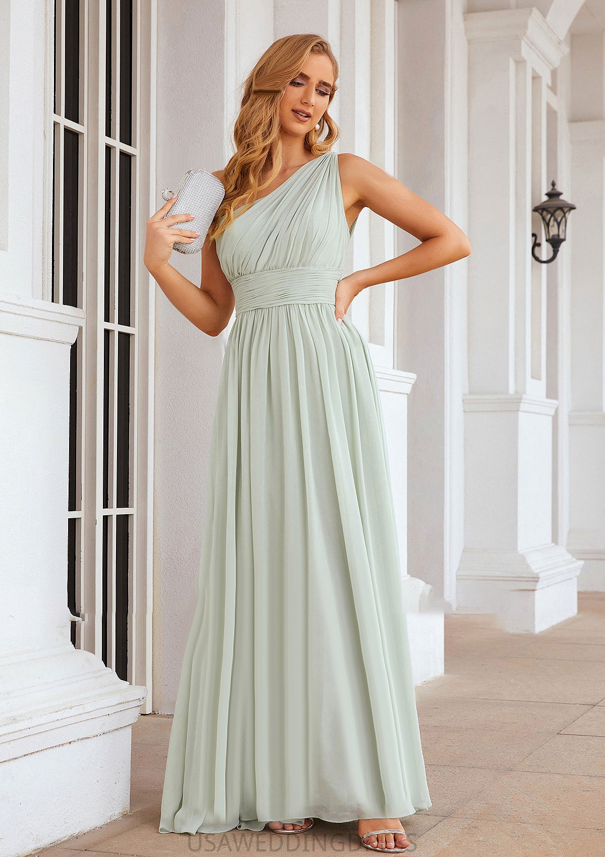 A-line One-Shoulder Sleeveless Chiffon Long/Floor-Length Bridesmaid Dresses With Pleated Logan DSP0025382