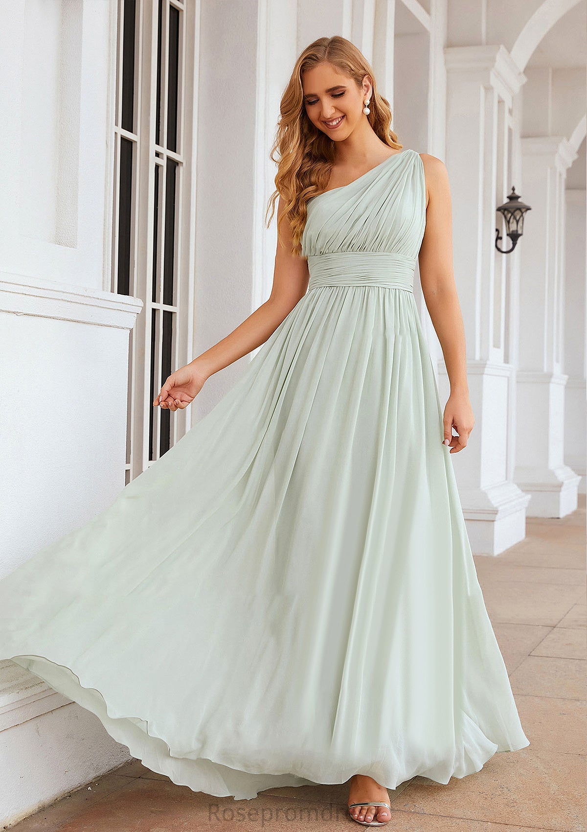 A-line One-Shoulder Sleeveless Chiffon Long/Floor-Length Bridesmaid Dresses With Pleated Nadine SRSP0025382