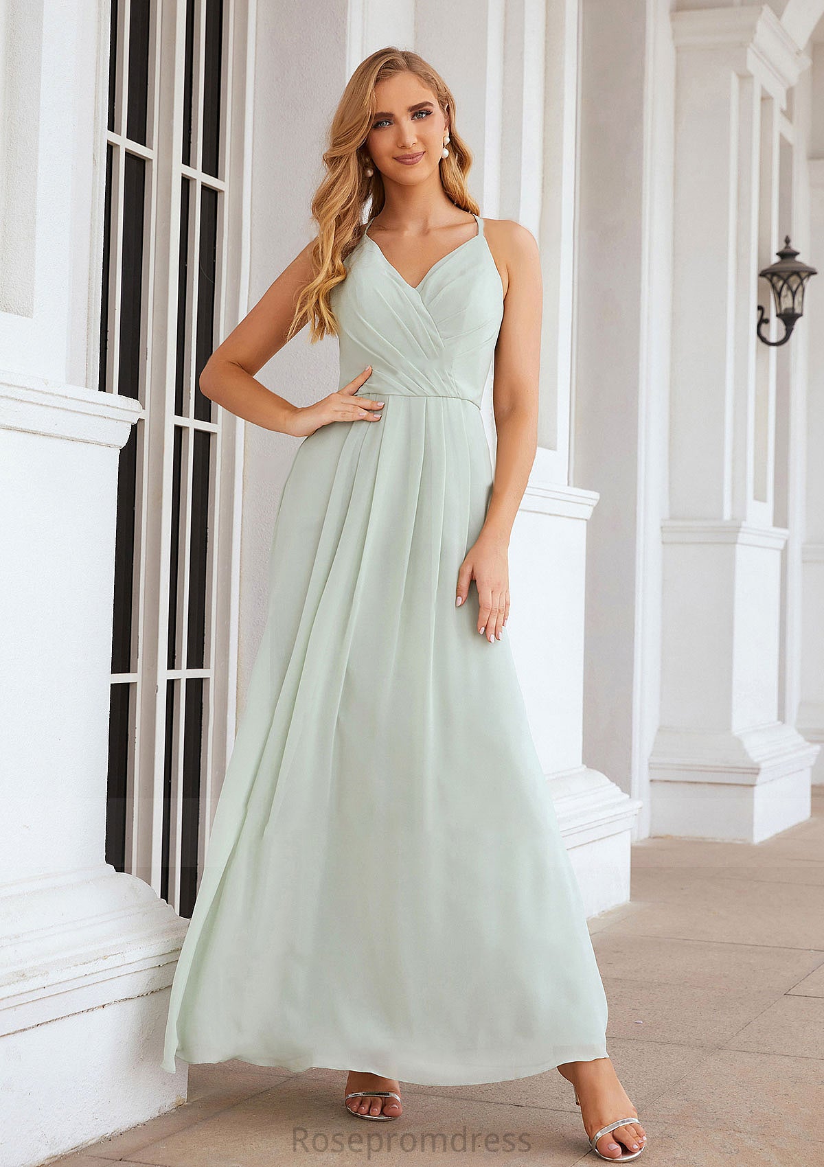 A-line V Neck Sleeveless Chiffon Long/Floor-Length Bridesmaid Dresses With Pleated Charlee SRSP0025385