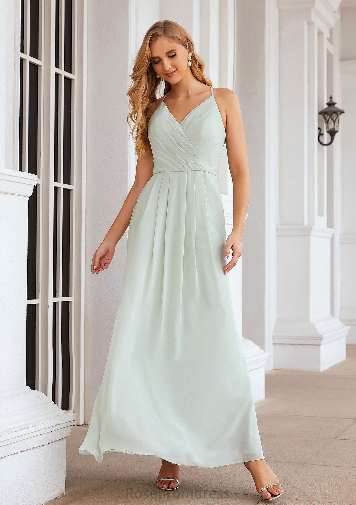 A-line V Neck Sleeveless Chiffon Long/Floor-Length Bridesmaid Dresses With Pleated Charlee SRSP0025385