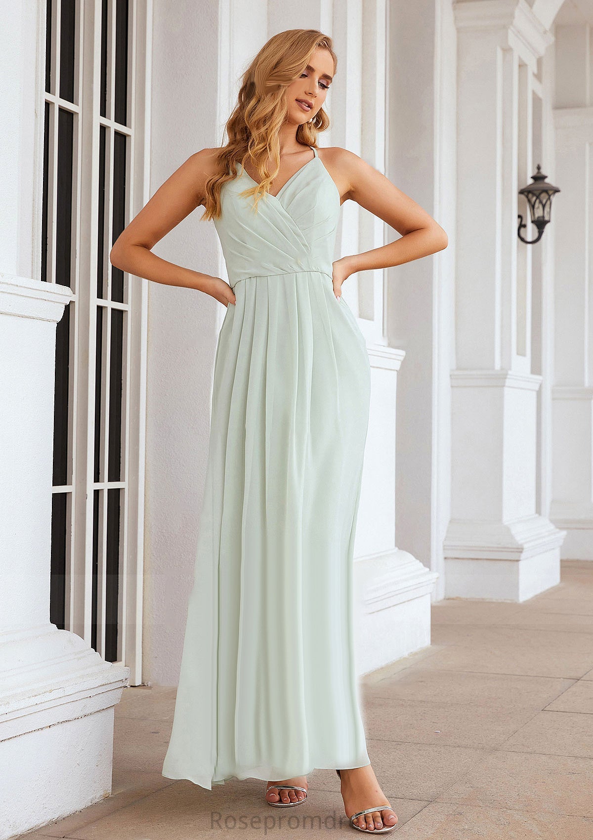 A-line V Neck Sleeveless Chiffon Long/Floor-Length Bridesmaid Dresses With Pleated Charlee SRSP0025385