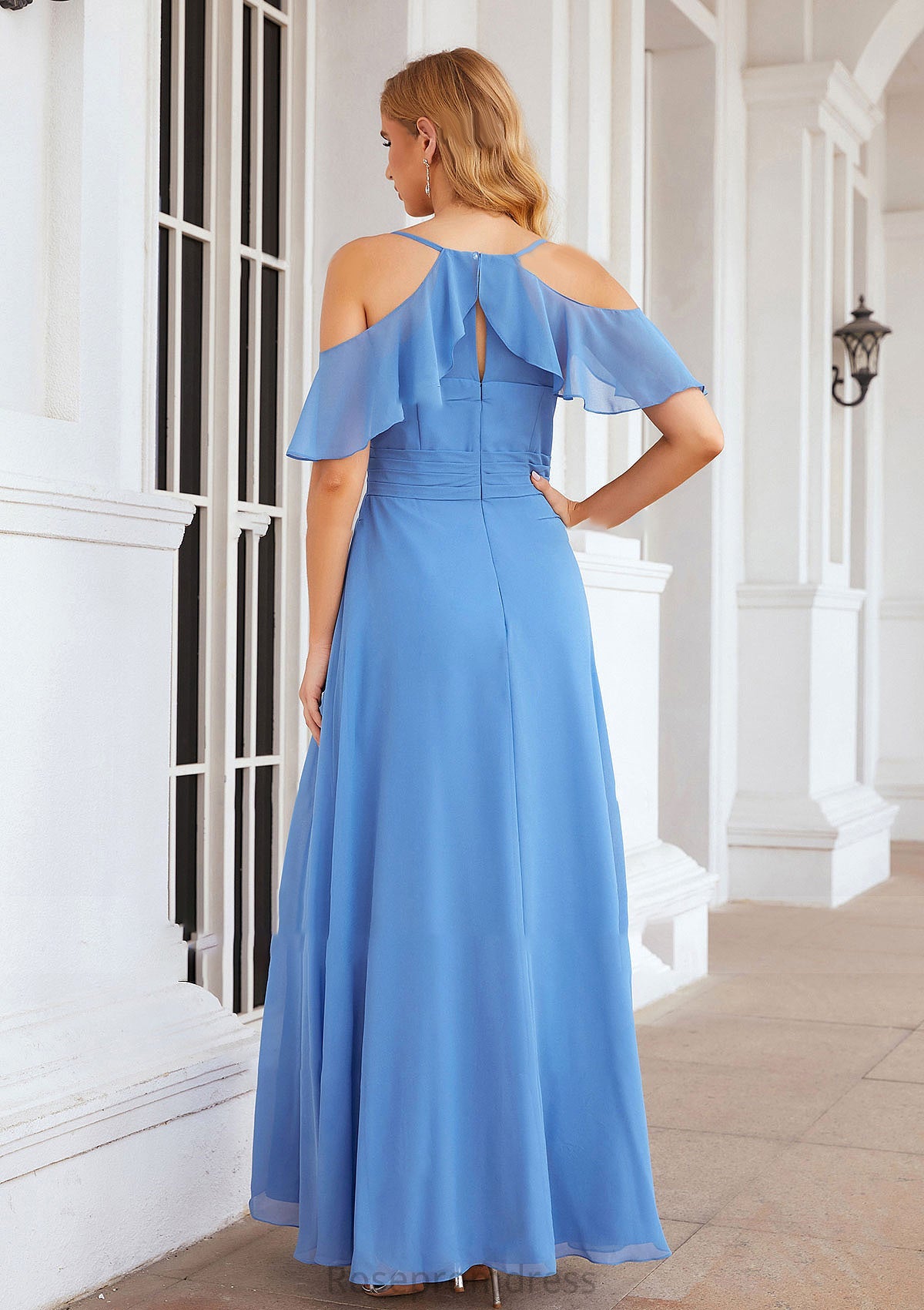 A-line V Neck Sleeveless Chiffon Long/Floor-Length Bridesmaid Dresses With Pleated Split Taryn SRSP0025388