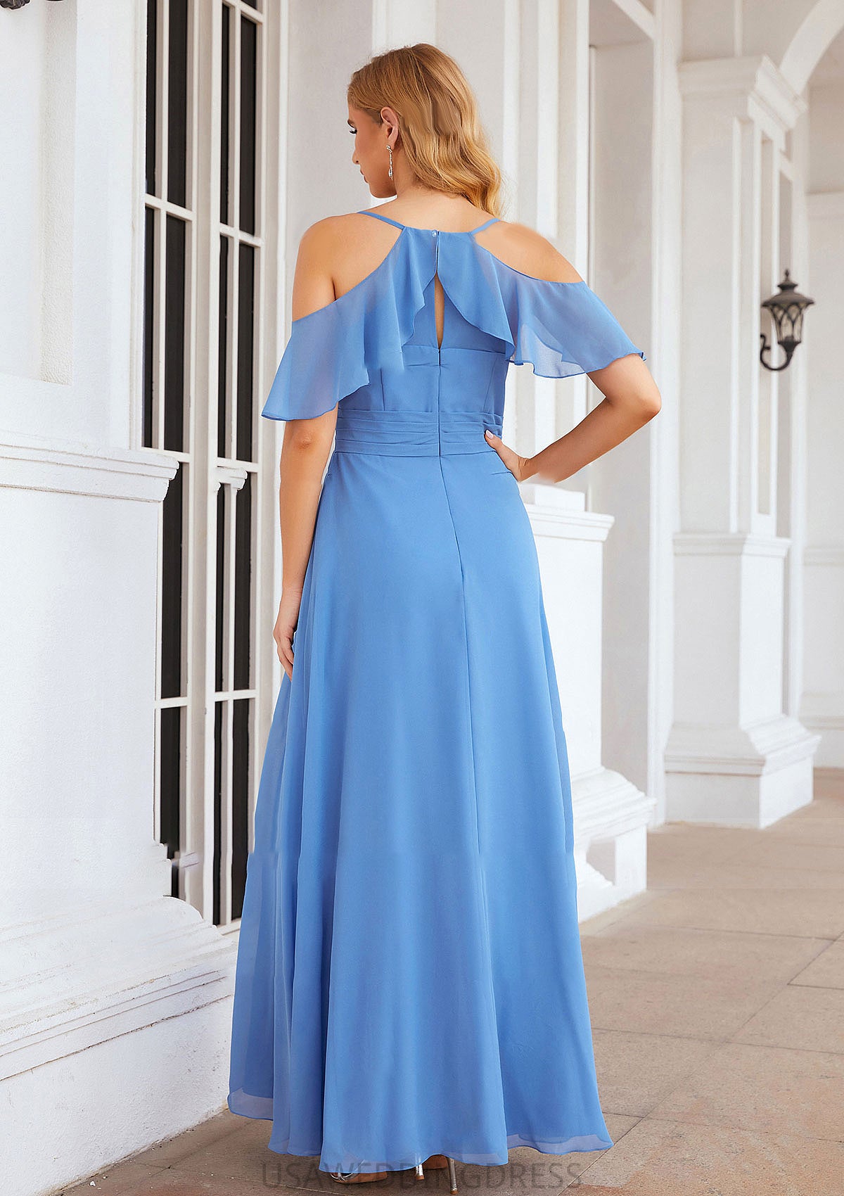 A-line V Neck Sleeveless Chiffon Long/Floor-Length Bridesmaid Dresses With Pleated Split Eden DSP0025388