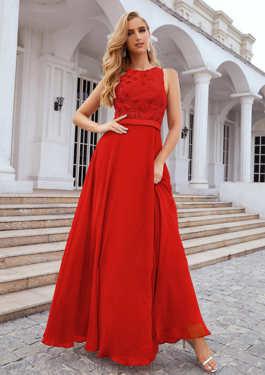 A-line Empire Scalloped Neck Sleeveless Chiffon Long/Floor-Length Bridesmaid Dresses With Beading Sequins Maureen SRSP0025392