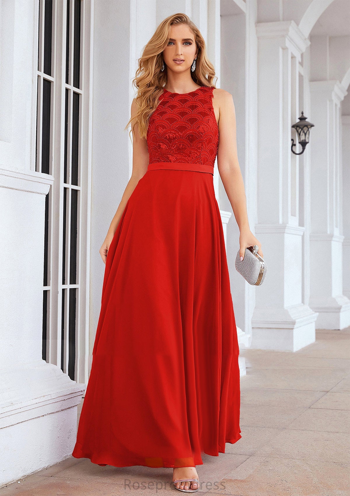 A-line Empire Scalloped Neck Sleeveless Chiffon Long/Floor-Length Bridesmaid Dresses With Beading Sequins Maureen SRSP0025392