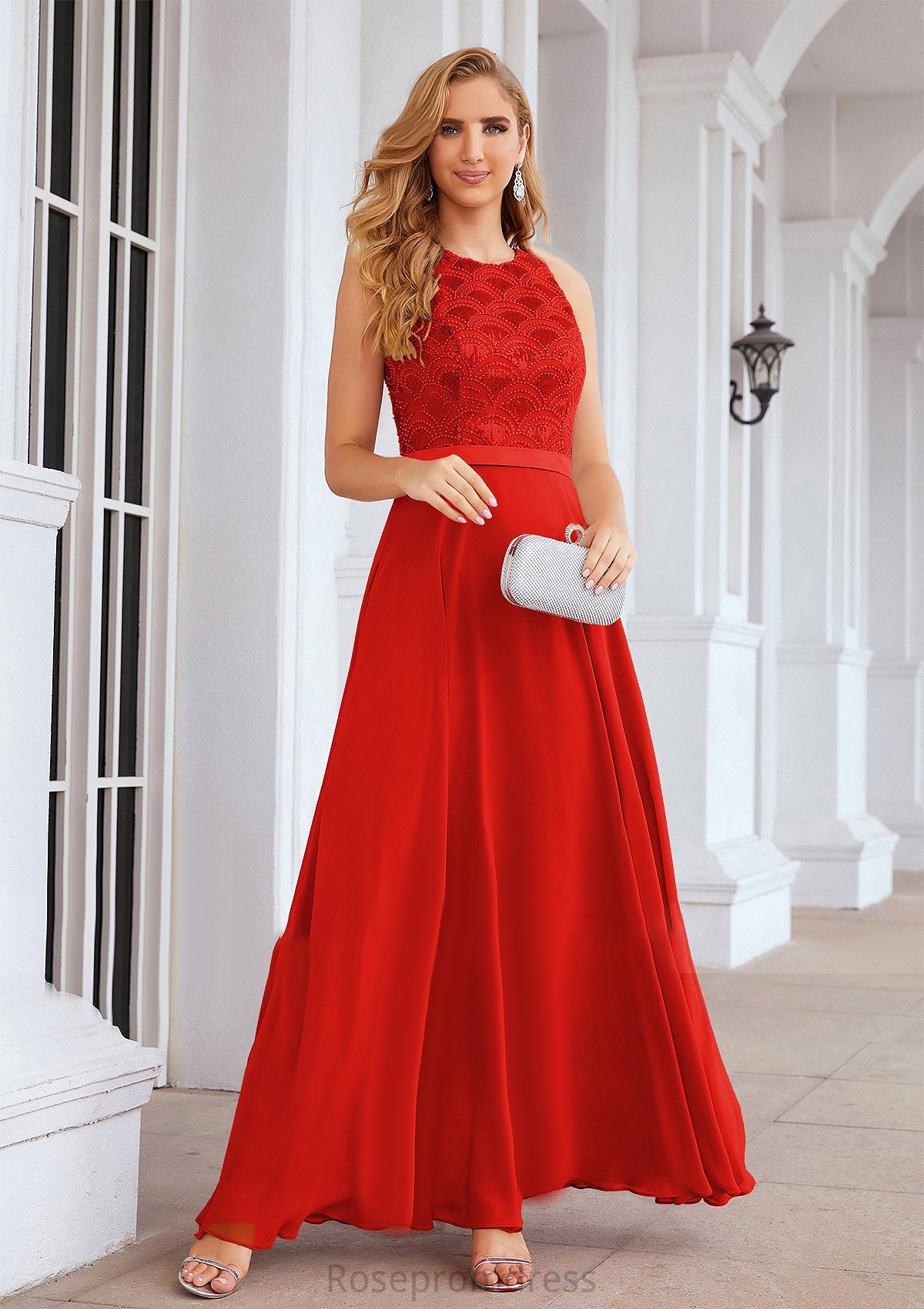 A-line Empire Scalloped Neck Sleeveless Chiffon Long/Floor-Length Bridesmaid Dresses With Beading Sequins Maureen SRSP0025392