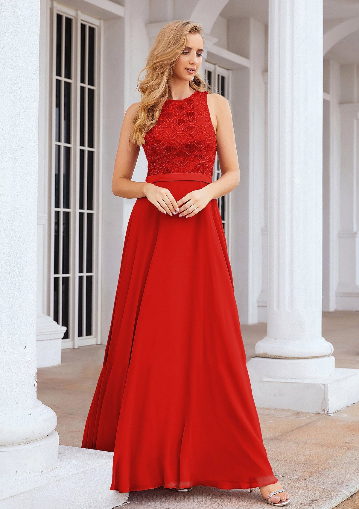 A-line Empire Scalloped Neck Sleeveless Chiffon Long/Floor-Length Bridesmaid Dresses With Beading Sequins Maureen SRSP0025392