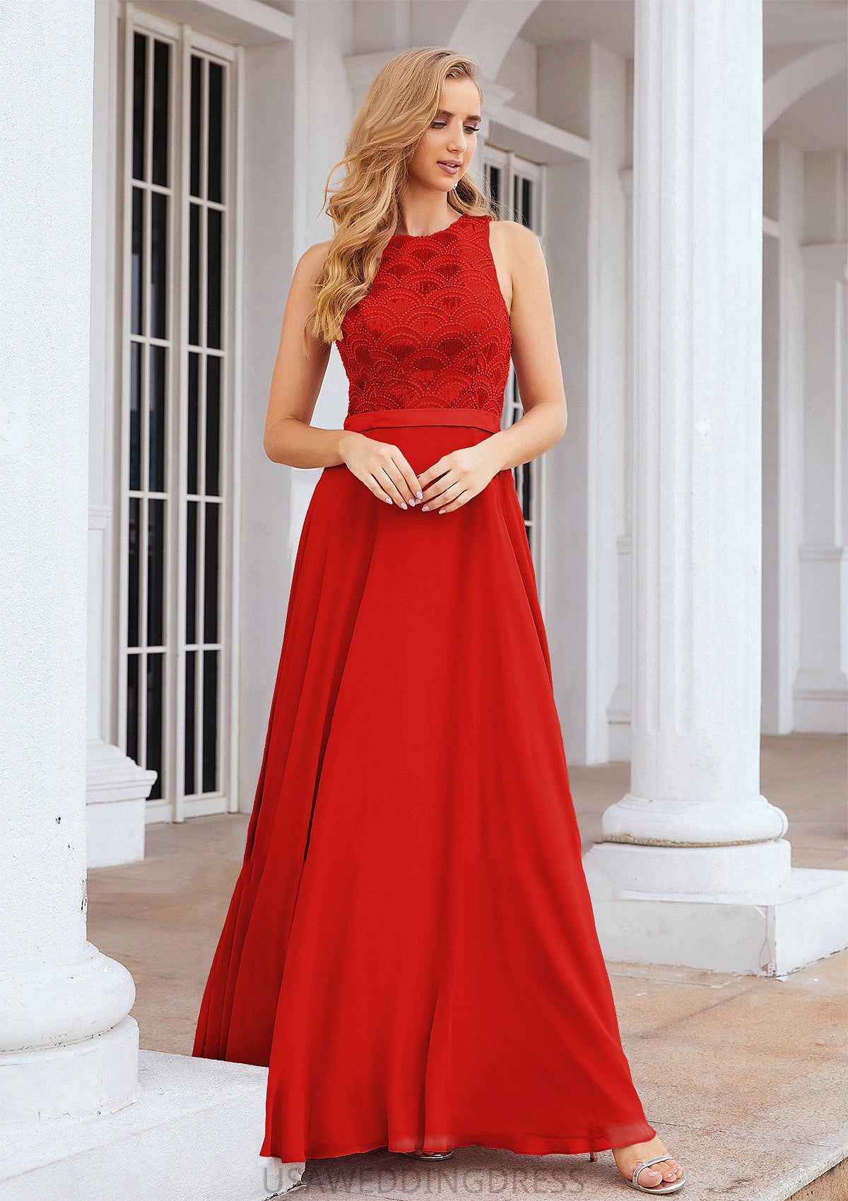 A-line Empire Scalloped Neck Sleeveless Chiffon Long/Floor-Length Bridesmaid Dresses With Beading Sequins Cora DSP0025392