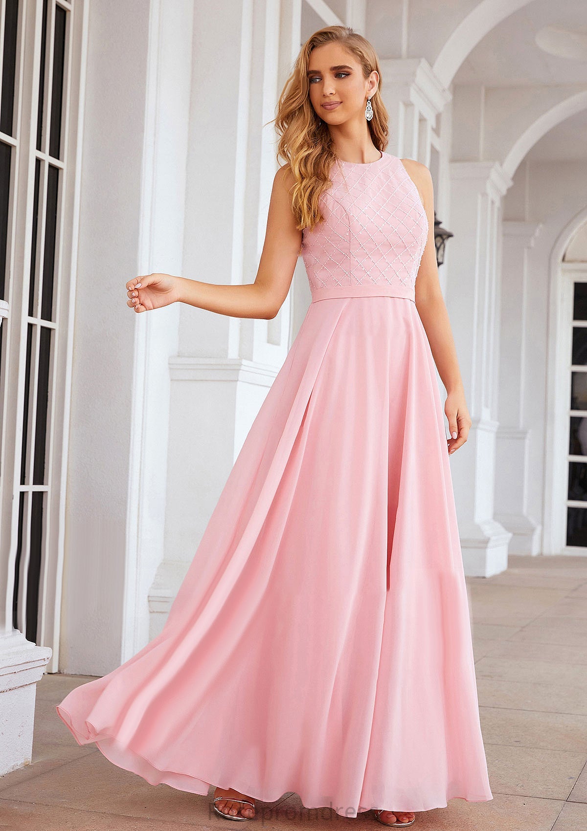 A-line Scalloped Neck Sleeveless Chiffon Long/Floor-Length Bridesmaid Dresses With Beading Jaylyn SRSP0025393