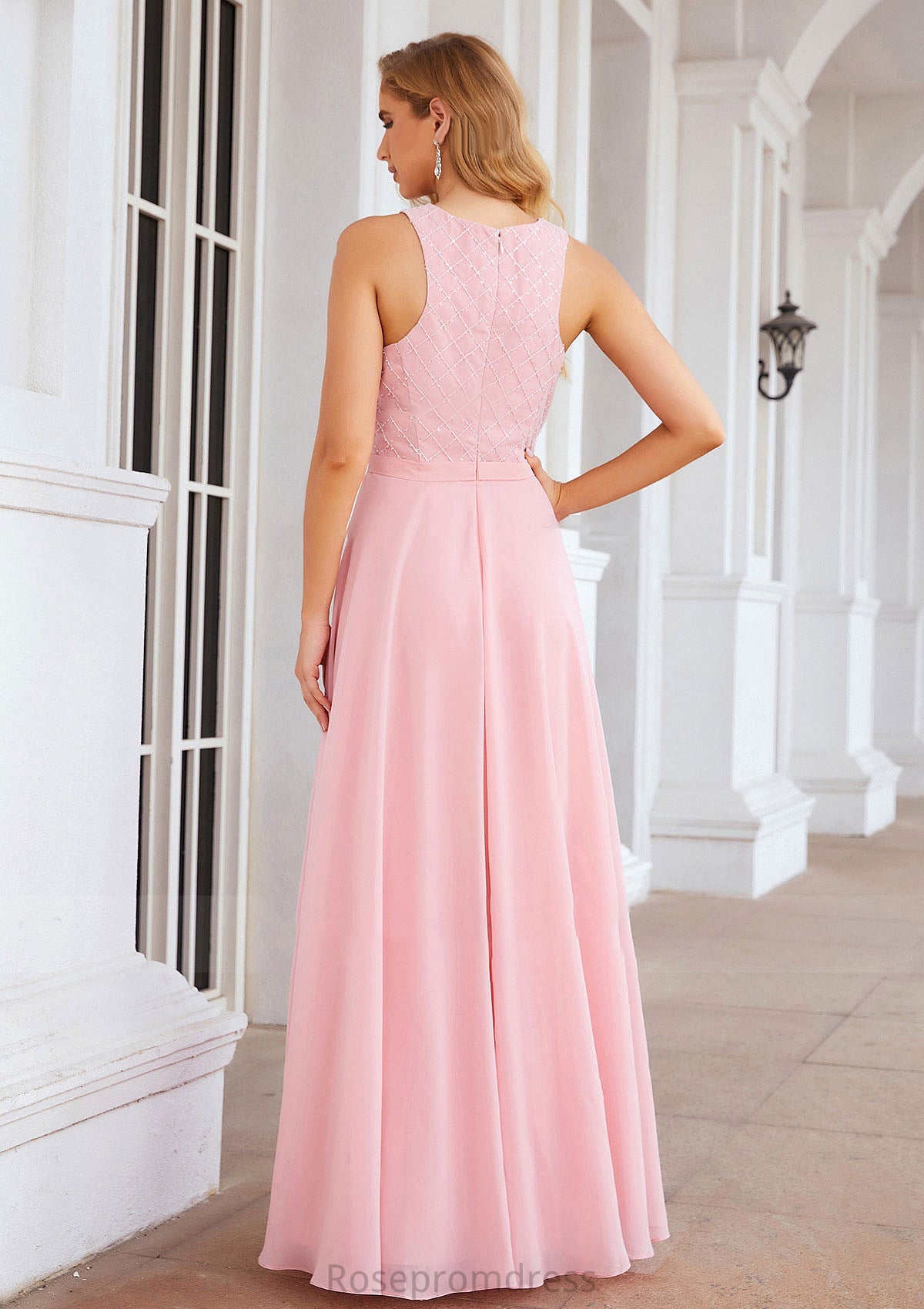 A-line Scalloped Neck Sleeveless Chiffon Long/Floor-Length Bridesmaid Dresses With Beading Jaylyn SRSP0025393