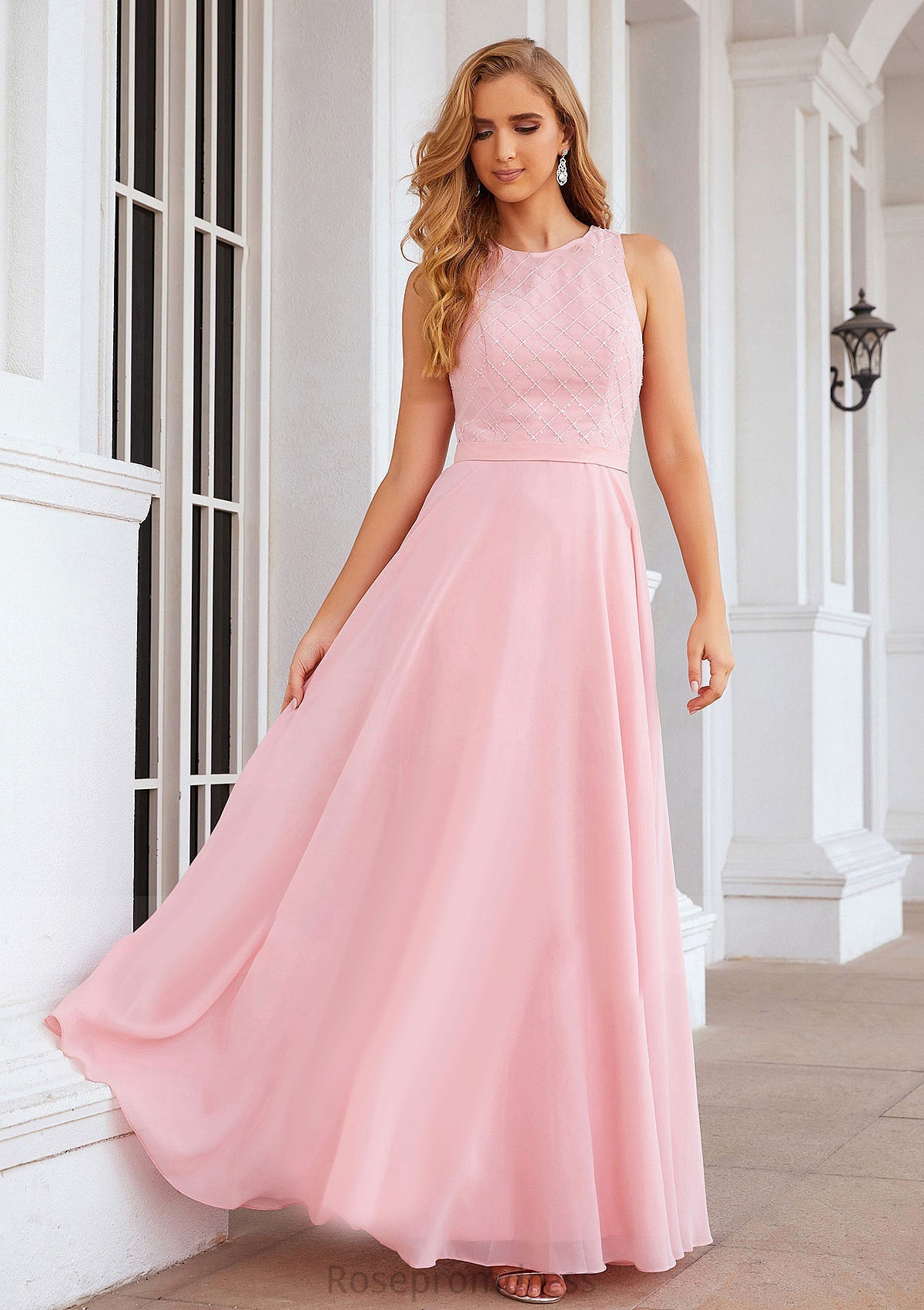 A-line Scalloped Neck Sleeveless Chiffon Long/Floor-Length Bridesmaid Dresses With Beading Jaylyn SRSP0025393