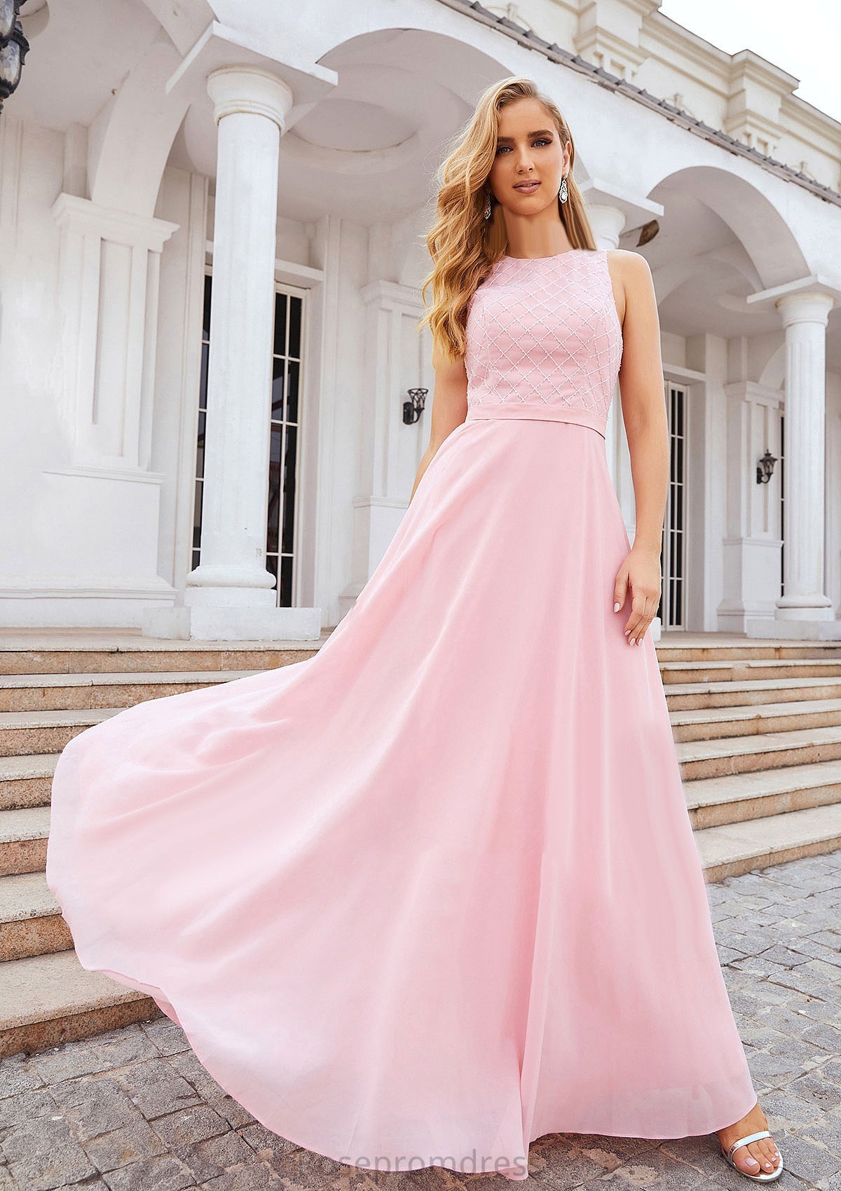 A-line Scalloped Neck Sleeveless Chiffon Long/Floor-Length Bridesmaid Dresses With Beading Jaylyn SRSP0025393