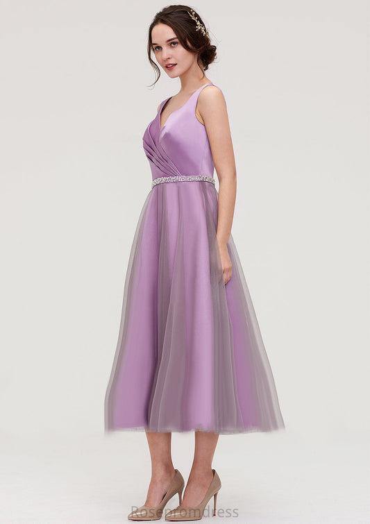 V Neck Sleeveless Tulle Tea-Length A-line/Princess Bridesmaid Dresses With Waistband Beading Pleated Ella SRSP0025395