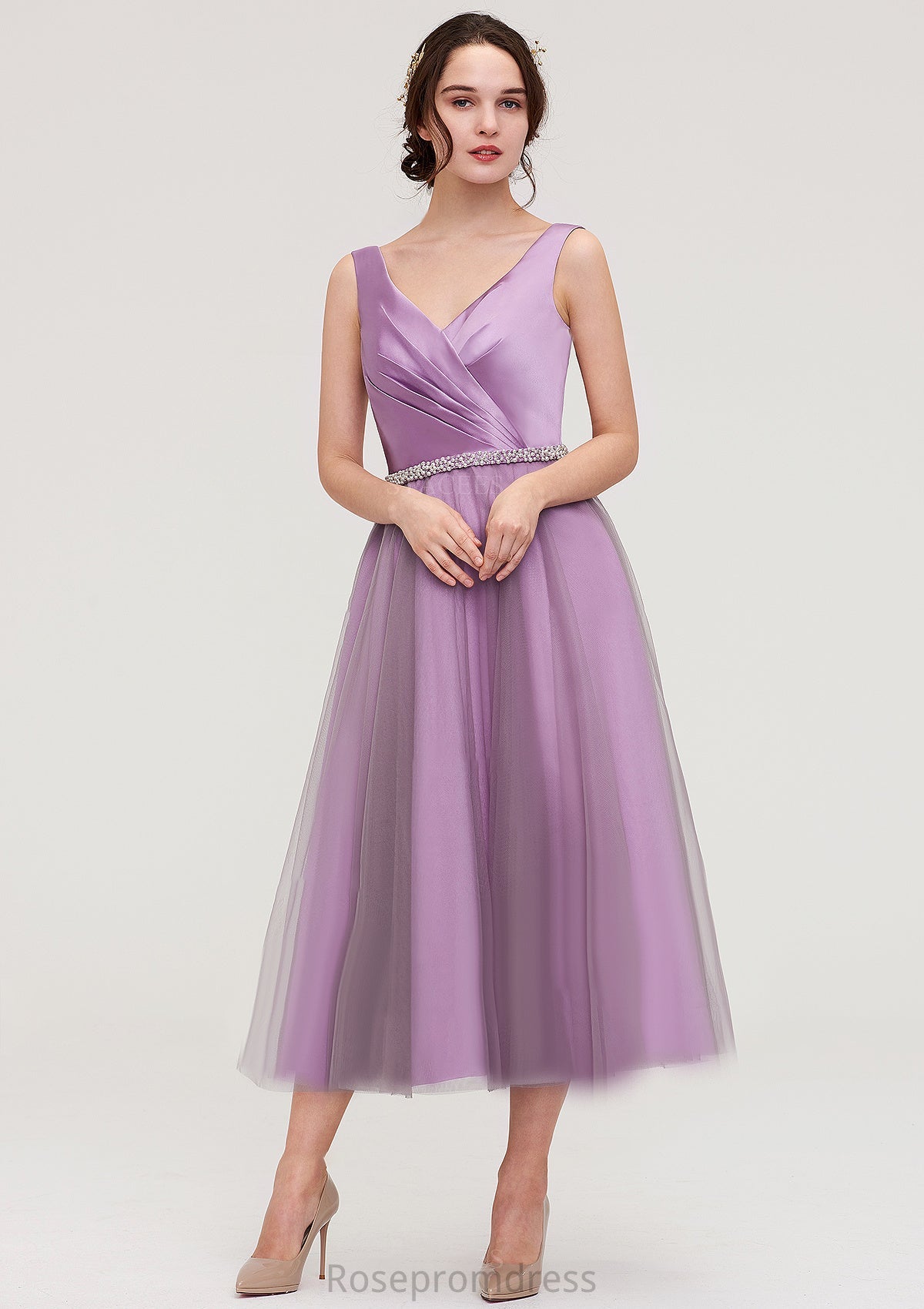 V Neck Sleeveless Tulle Tea-Length A-line/Princess Bridesmaid Dresses With Waistband Beading Pleated Ella SRSP0025395