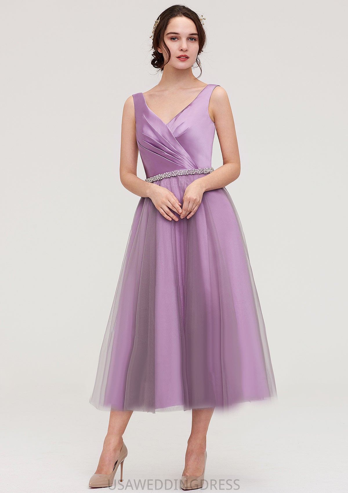 V Neck Sleeveless Tulle Tea-Length A-line/Princess Bridesmaid Dresses With Waistband Beading Pleated Elsa DSP0025395