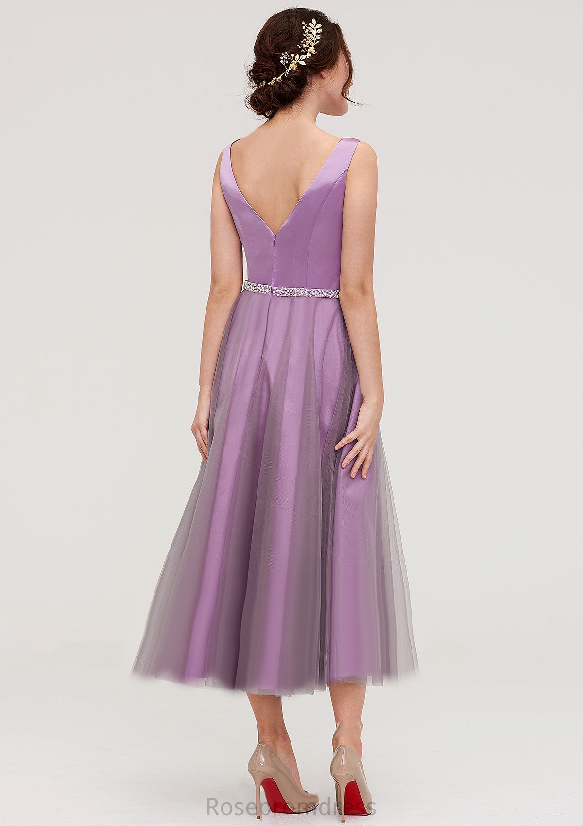 V Neck Sleeveless Tulle Tea-Length A-line/Princess Bridesmaid Dresses With Waistband Beading Pleated Ella SRSP0025395