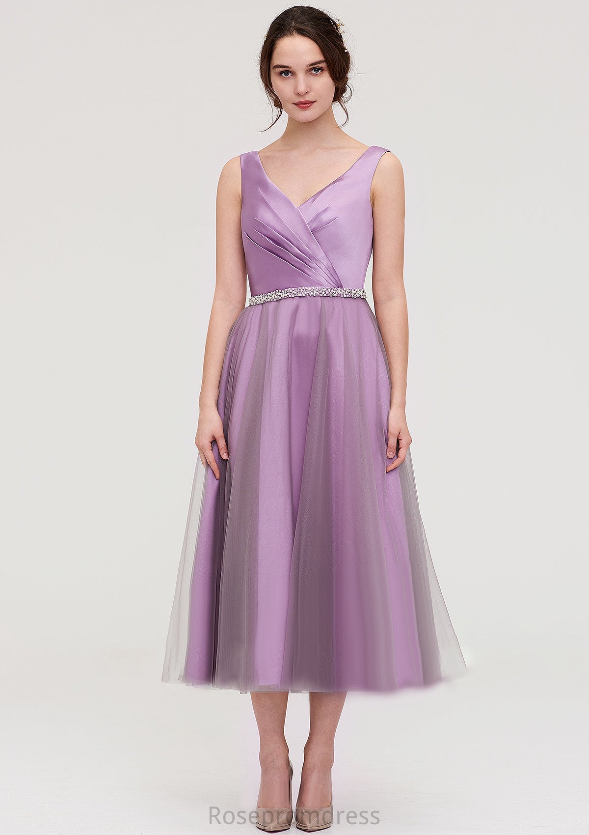 V Neck Sleeveless Tulle Tea-Length A-line/Princess Bridesmaid Dresses With Waistband Beading Pleated Ella SRSP0025395