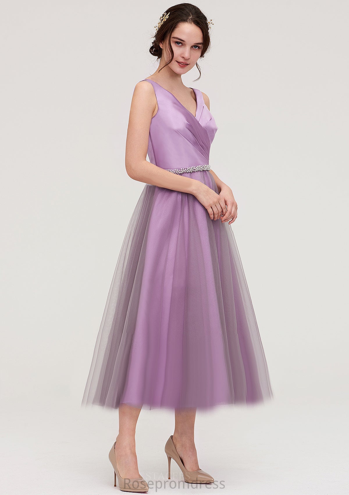 V Neck Sleeveless Tulle Tea-Length A-line/Princess Bridesmaid Dresses With Waistband Beading Pleated Ella SRSP0025395