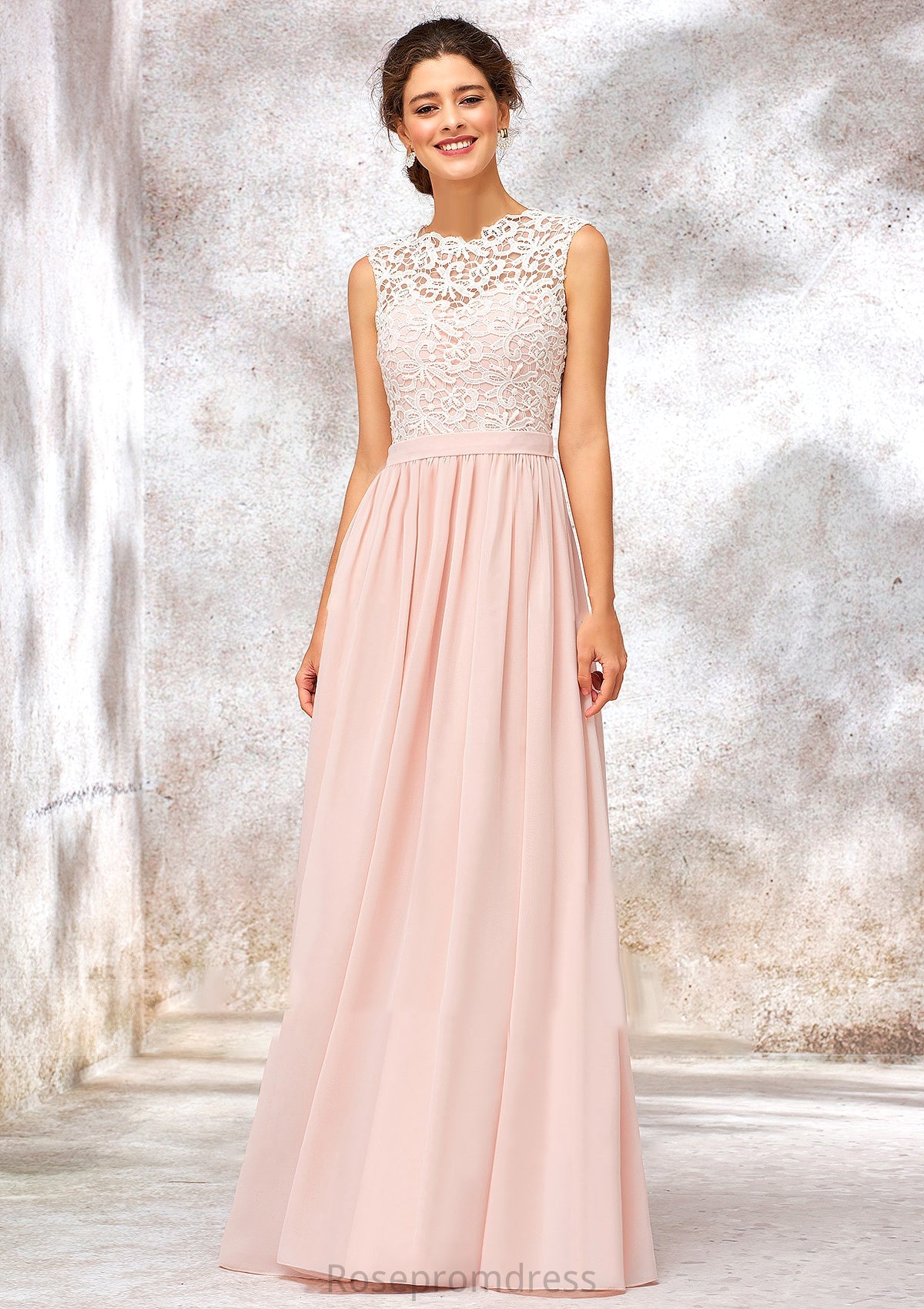 Scoop Neck Sleeveless Long/Floor-Length Chiffon A-line/Princess Bridesmaid Dresses With Lace Lina SRSP0025398