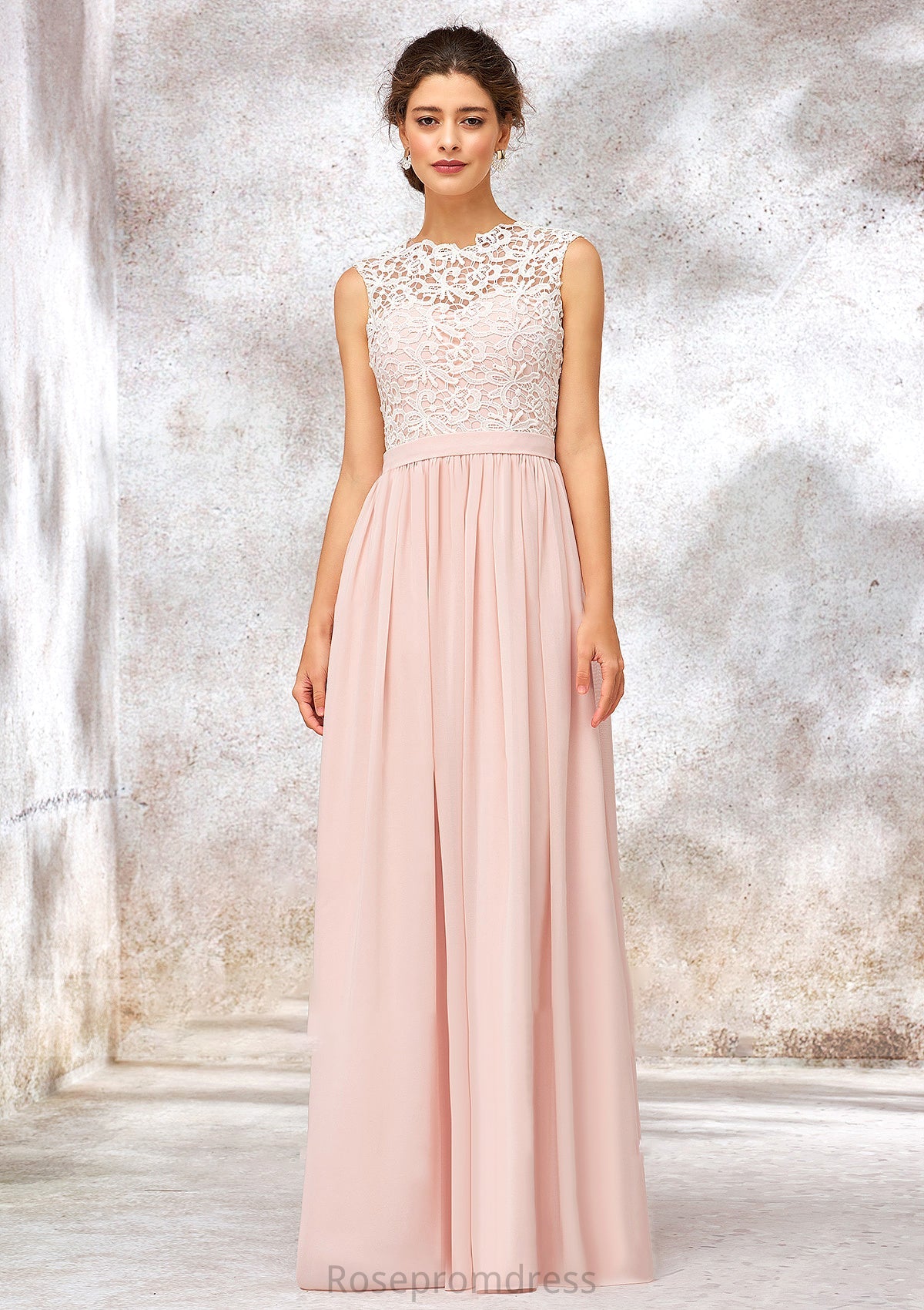 Scoop Neck Sleeveless Long/Floor-Length Chiffon A-line/Princess Bridesmaid Dresses With Lace Lina SRSP0025398