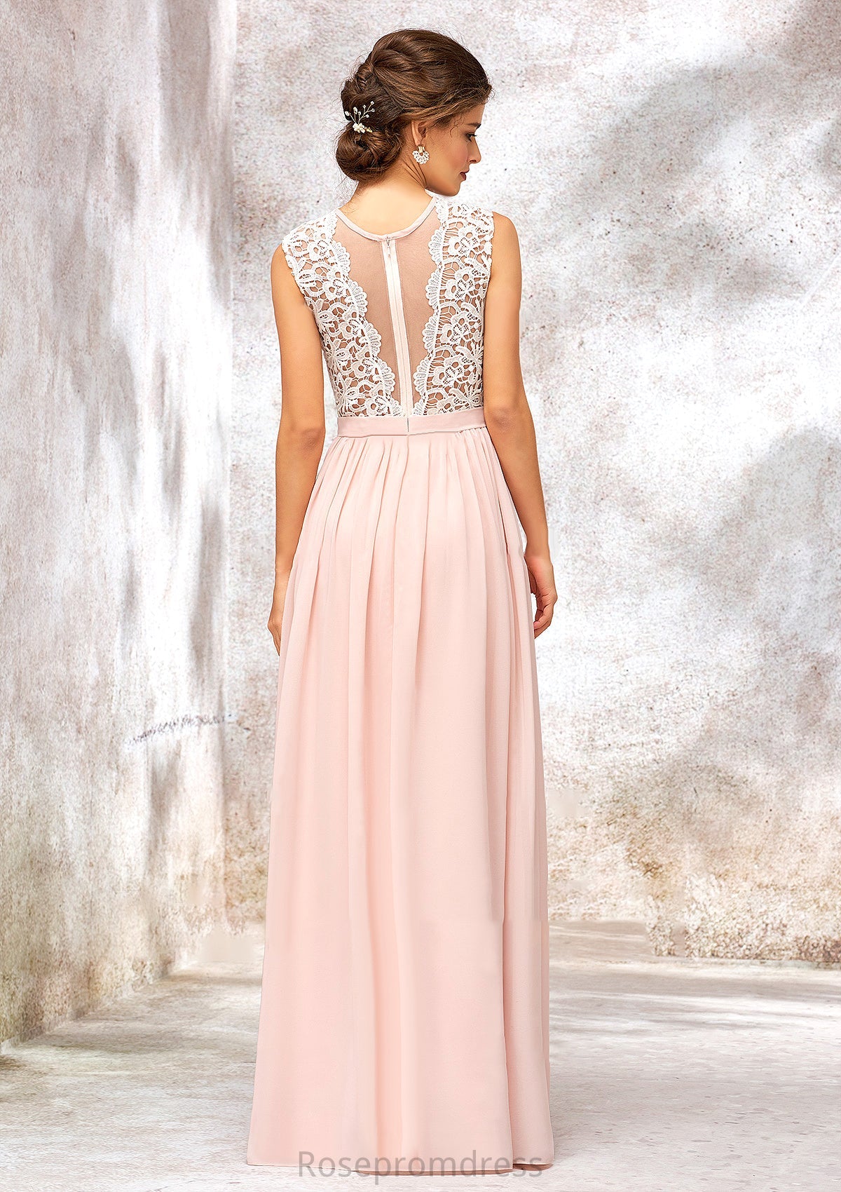 Scoop Neck Sleeveless Long/Floor-Length Chiffon A-line/Princess Bridesmaid Dresses With Lace Lina SRSP0025398