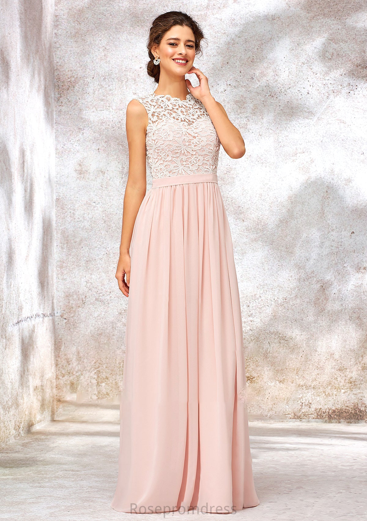 Scoop Neck Sleeveless Long/Floor-Length Chiffon A-line/Princess Bridesmaid Dresses With Lace Lina SRSP0025398