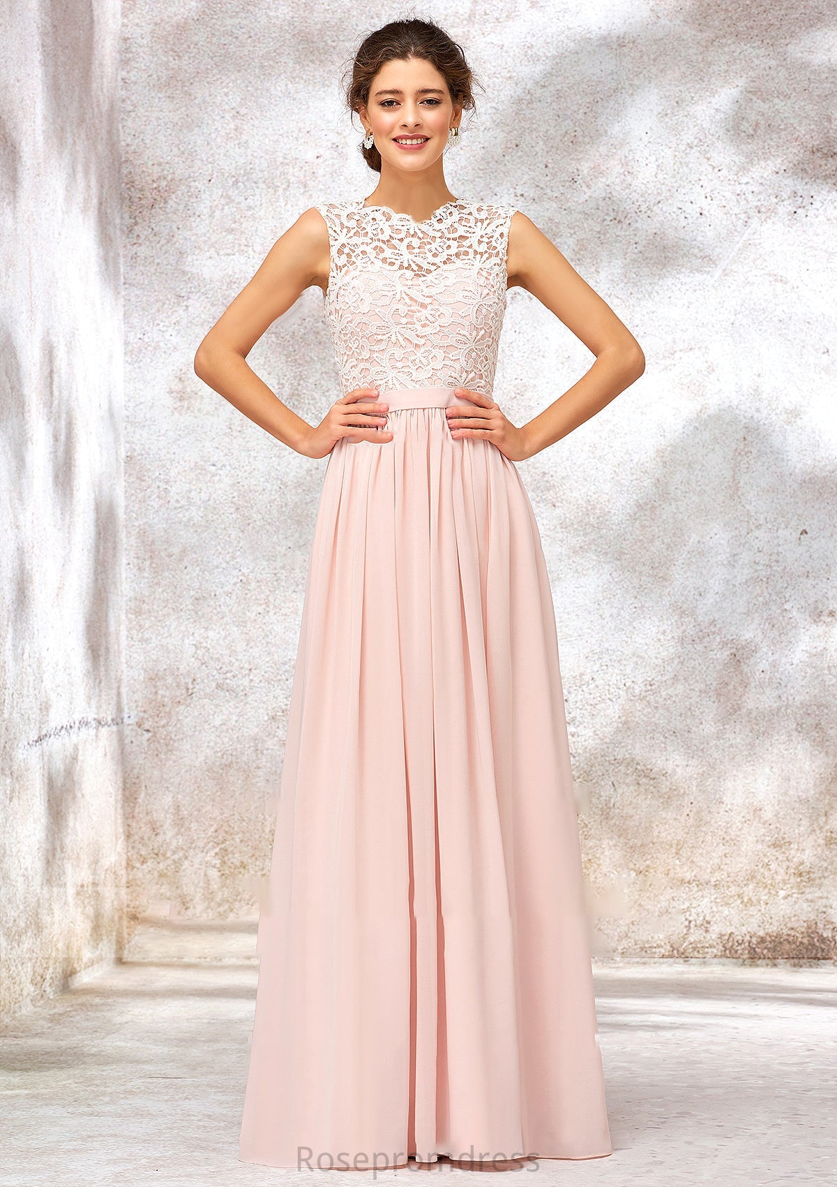 Scoop Neck Sleeveless Long/Floor-Length Chiffon A-line/Princess Bridesmaid Dresses With Lace Lina SRSP0025398