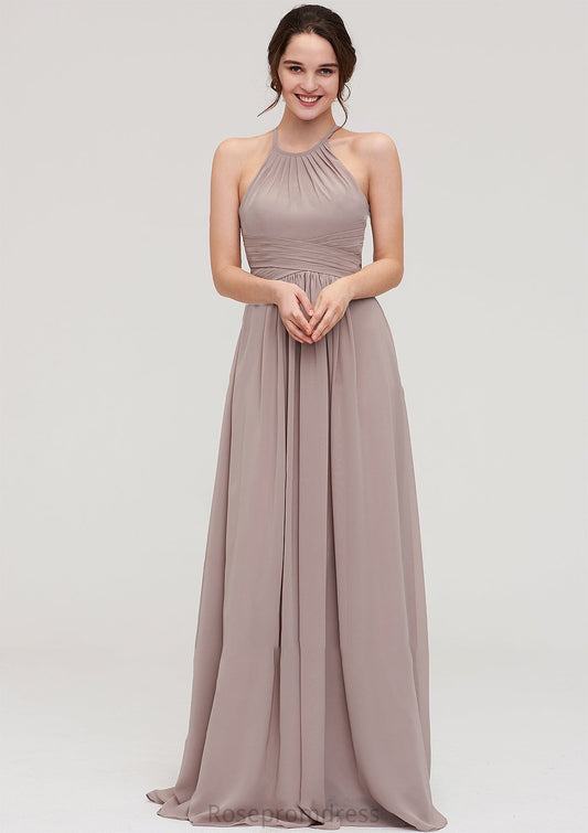 Scoop Neck Sleeveless A-line/Princess Chiffon Long/Floor-Length Bridesmaid Dresseses With Pleated Janey SRSP0025399