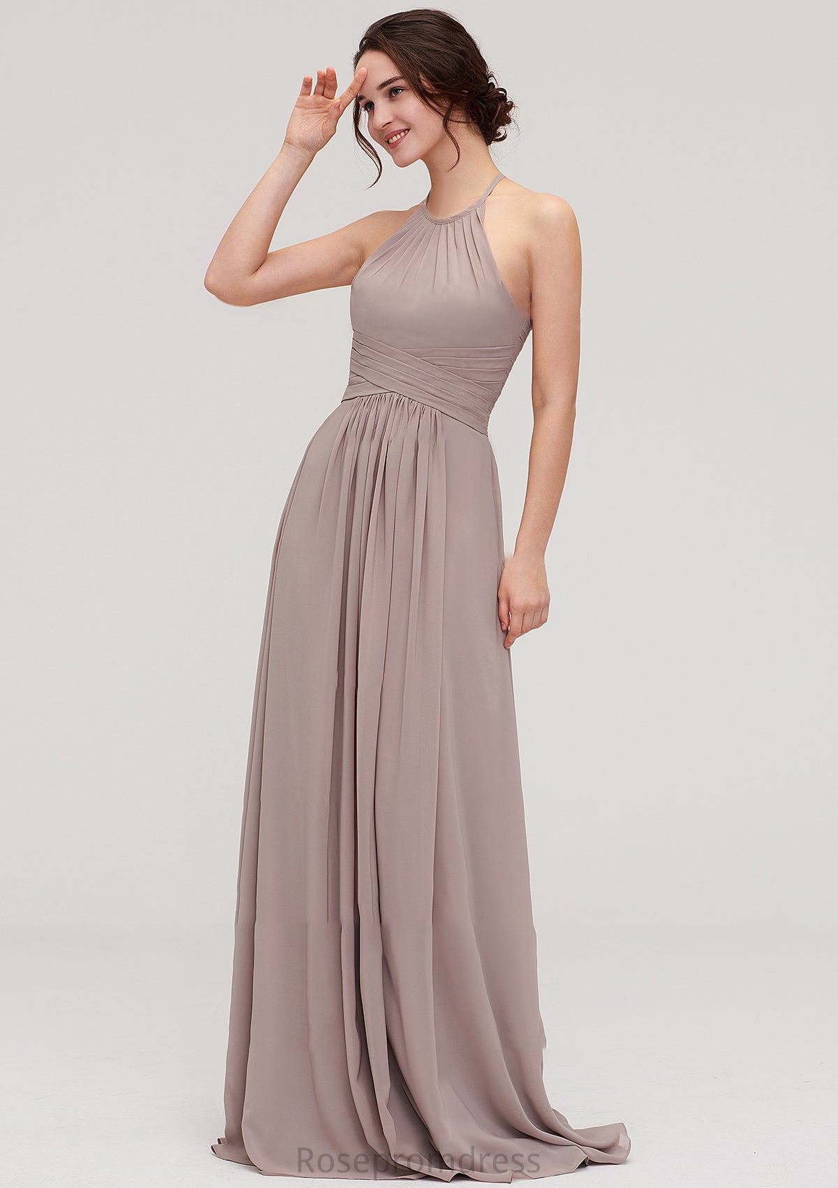 Scoop Neck Sleeveless A-line/Princess Chiffon Long/Floor-Length Bridesmaid Dresseses With Pleated Janey SRSP0025399