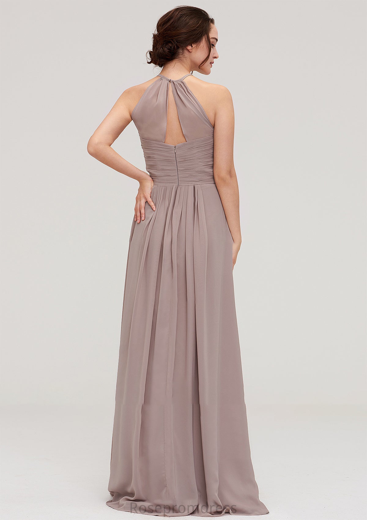 Scoop Neck Sleeveless A-line/Princess Chiffon Long/Floor-Length Bridesmaid Dresseses With Pleated Janey SRSP0025399