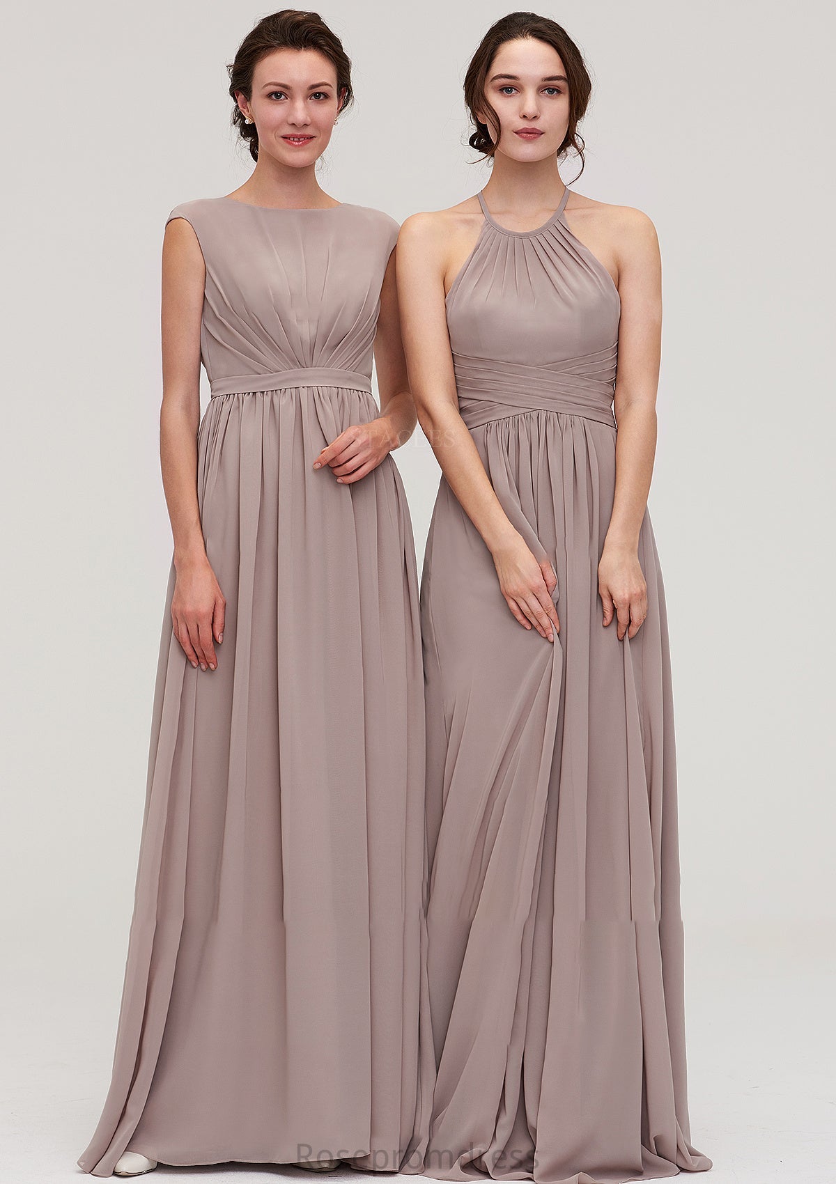 Scoop Neck Sleeveless A-line/Princess Chiffon Long/Floor-Length Bridesmaid Dresseses With Pleated Janey SRSP0025399