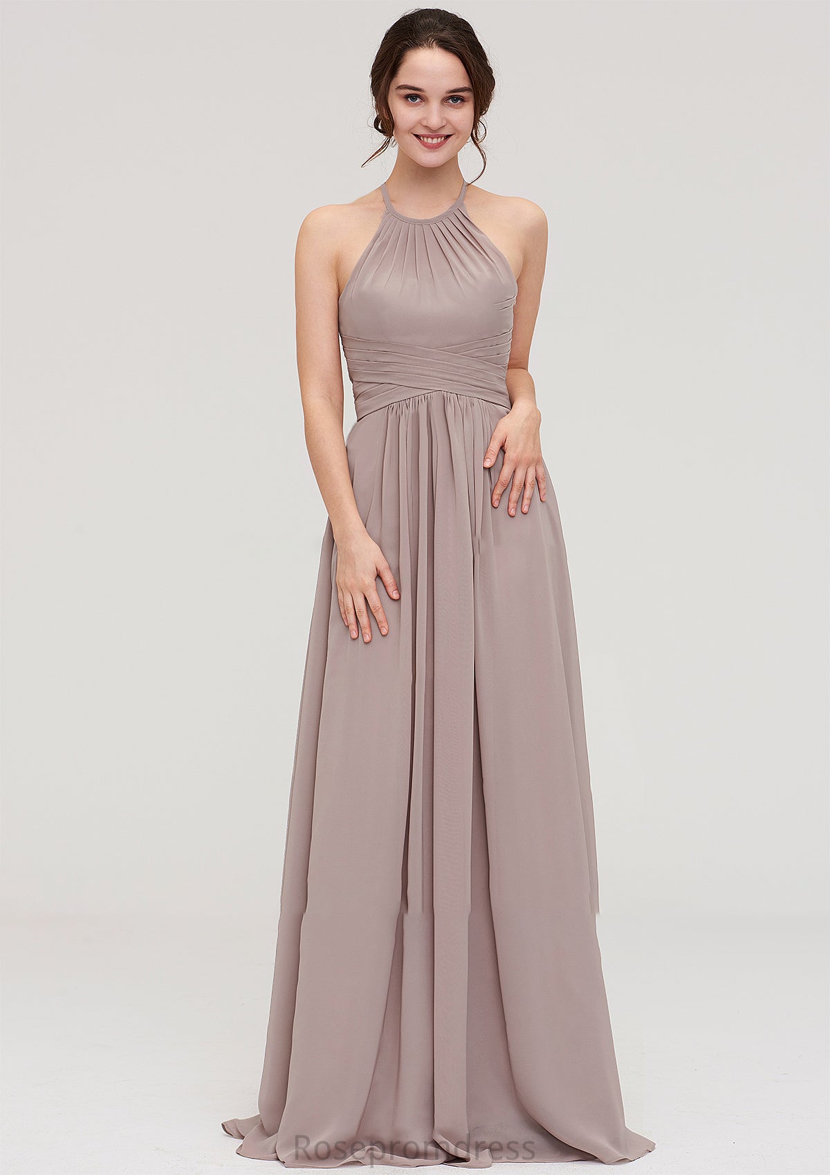 Scoop Neck Sleeveless A-line/Princess Chiffon Long/Floor-Length Bridesmaid Dresseses With Pleated Janey SRSP0025399