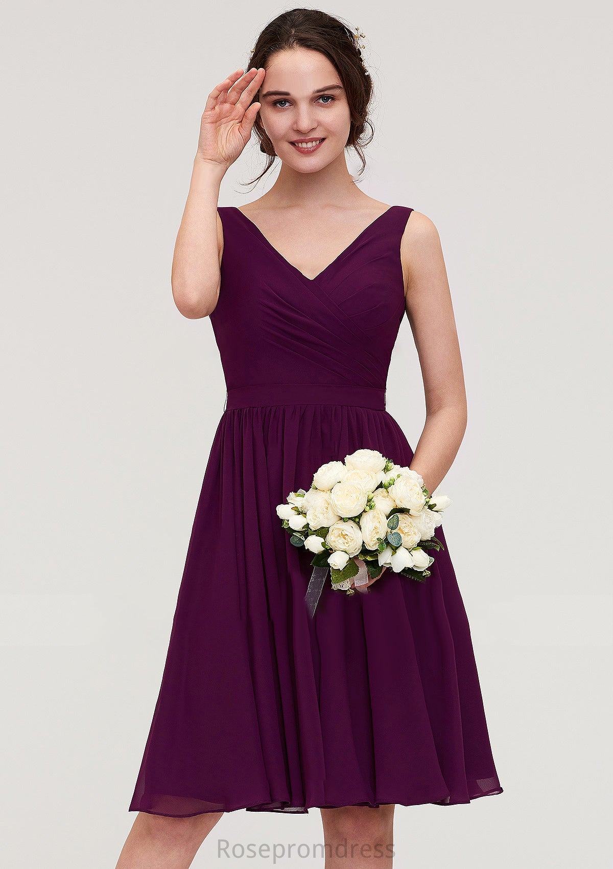 Sleeveless V Neck Chiffon A-line/Princess Knee-Length Bridesmaid Dresses With Pleated Aileen SRSP0025401