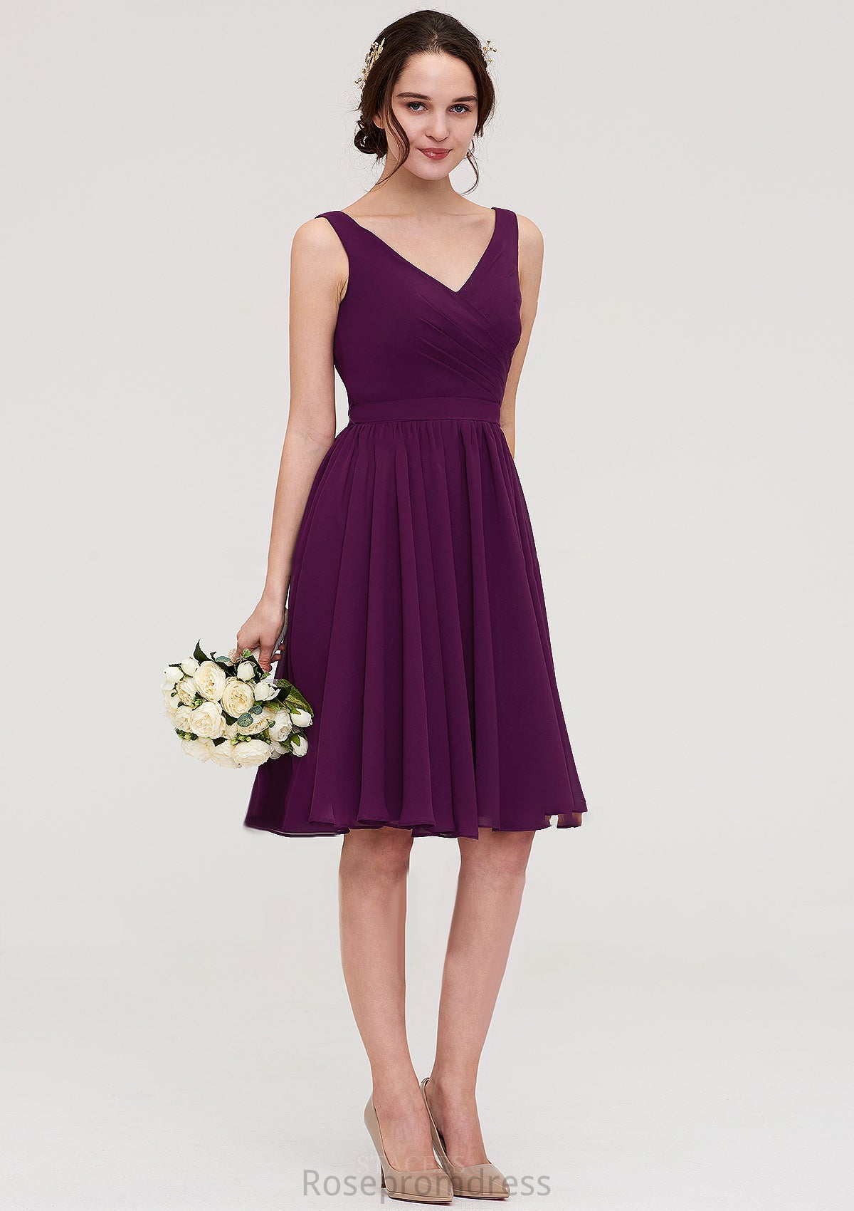 Sleeveless V Neck Chiffon A-line/Princess Knee-Length Bridesmaid Dresses With Pleated Aileen SRSP0025401