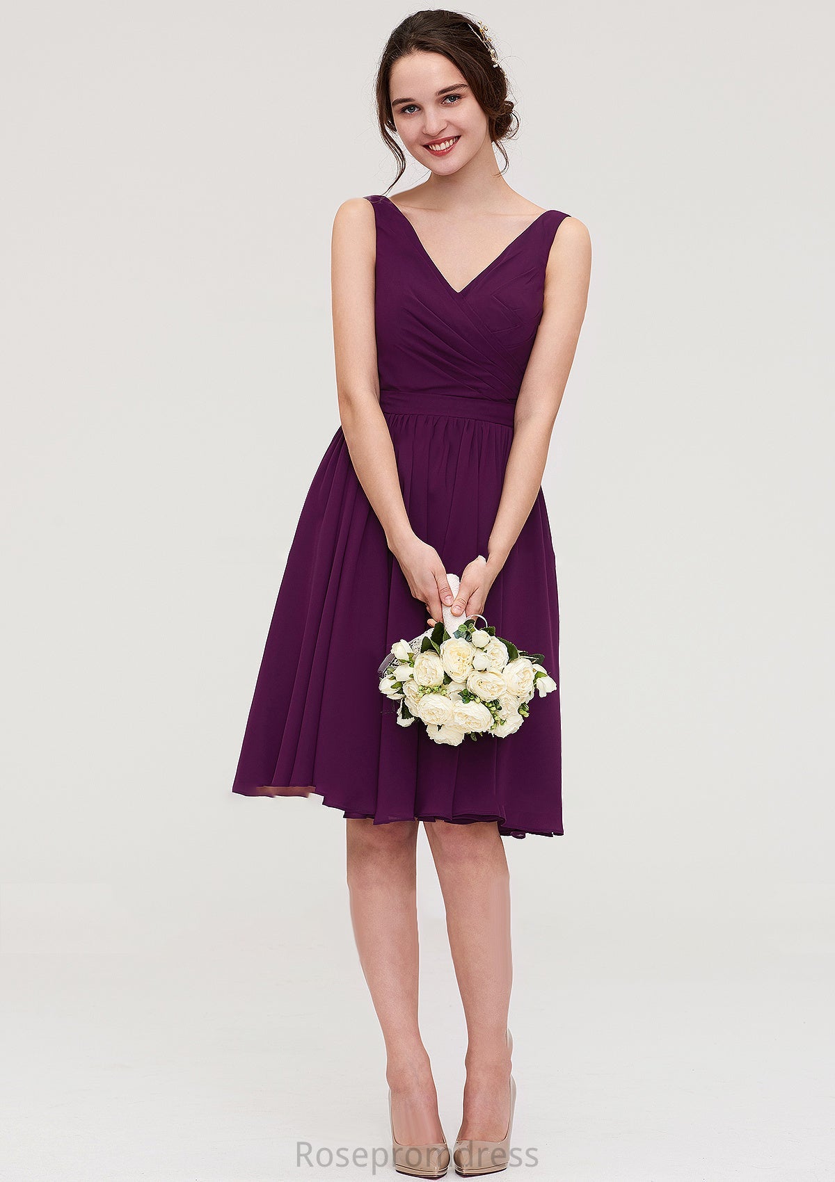 Sleeveless V Neck Chiffon A-line/Princess Knee-Length Bridesmaid Dresses With Pleated Aileen SRSP0025401