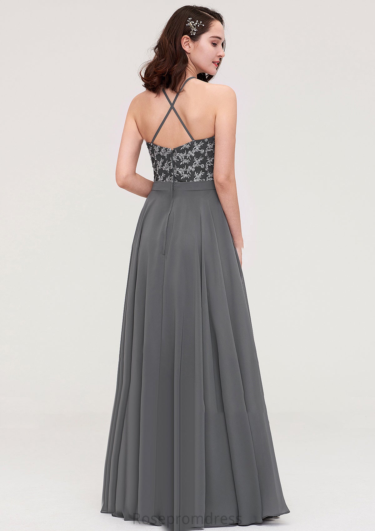 A-line/Princess Halter Long/Floor-Length Chiffon A-line/Princess Bridesmaid Dresses With Appliqued Nathaly SRSP0025402