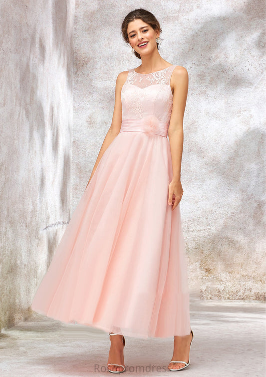 Bateau Sleeveless Tea-Length Tulle A-line/Princess Bridesmaid Dresses With Waistband Lace Michaelia SRSP0025403