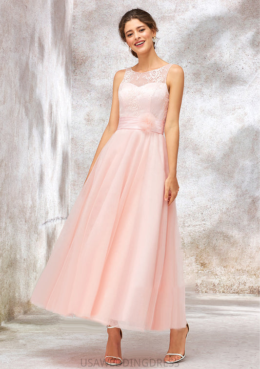 Bateau Sleeveless Tea-Length Tulle A-line/Princess Bridesmaid Dresses With Waistband Lace Breanna DSP0025403