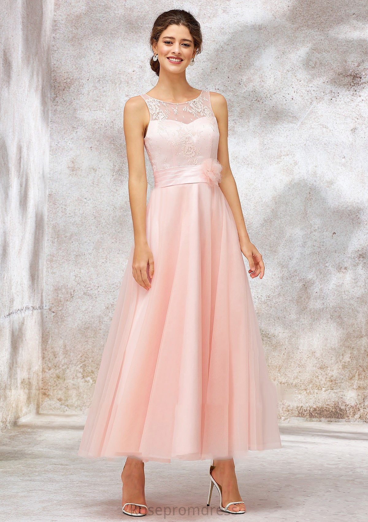 Bateau Sleeveless Tea-Length Tulle A-line/Princess Bridesmaid Dresses With Waistband Lace Michaelia SRSP0025403