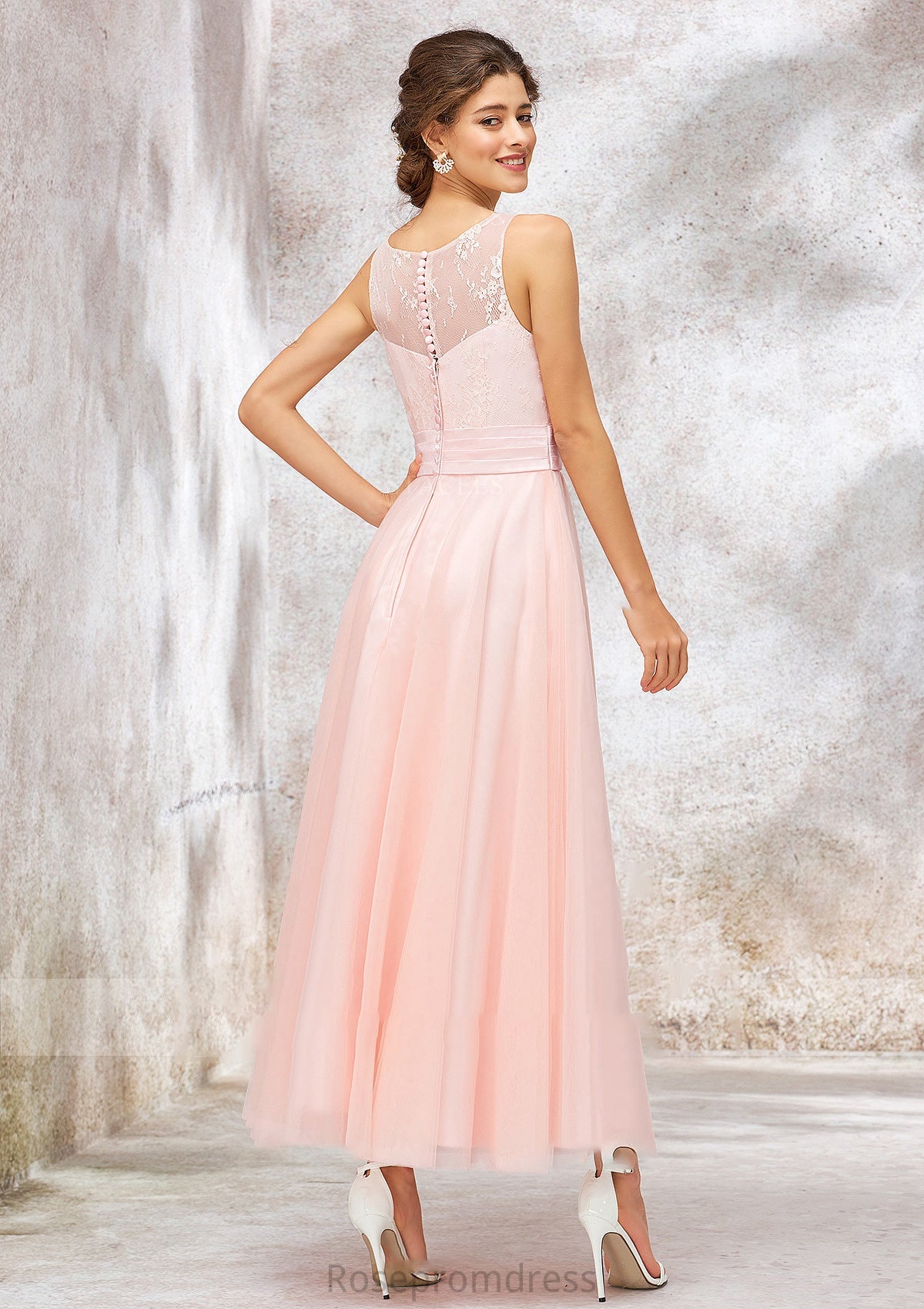 Bateau Sleeveless Tea-Length Tulle A-line/Princess Bridesmaid Dresses With Waistband Lace Michaelia SRSP0025403