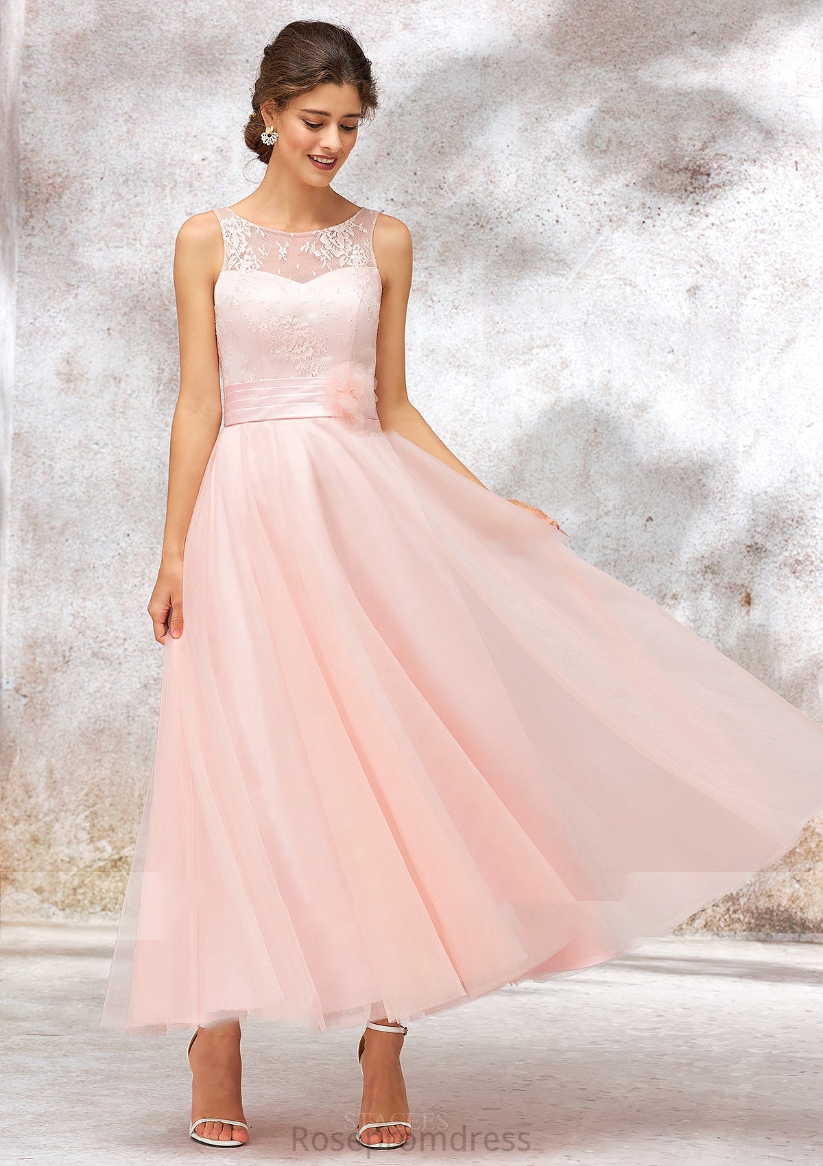 Bateau Sleeveless Tea-Length Tulle A-line/Princess Bridesmaid Dresses With Waistband Lace Michaelia SRSP0025403