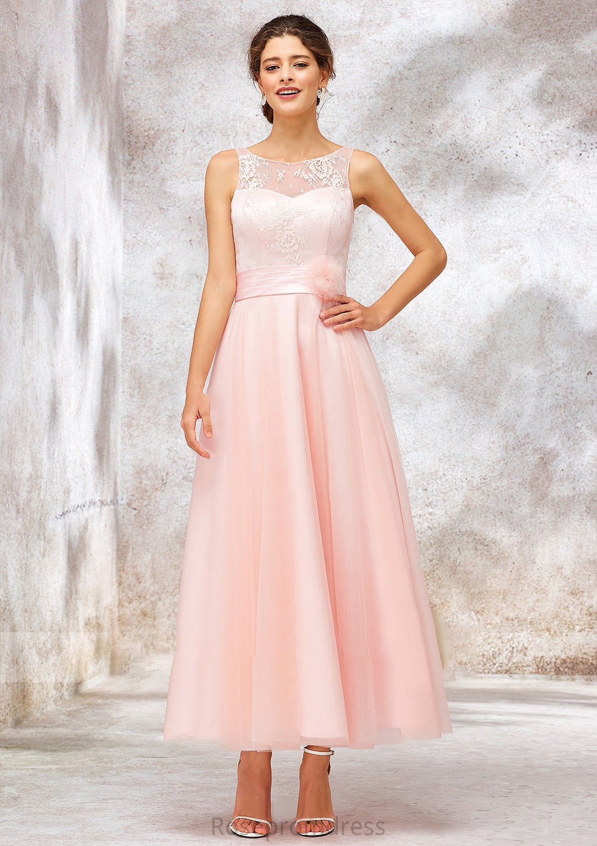 Bateau Sleeveless Tea-Length Tulle A-line/Princess Bridesmaid Dresses With Waistband Lace Michaelia SRSP0025403