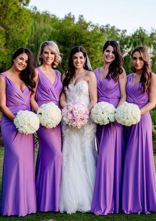 Sheath/Column V Neck Sleeveless Long/Floor-Length Jersey Bridesmaid Dresses With Pleated Ciara DSP0025404