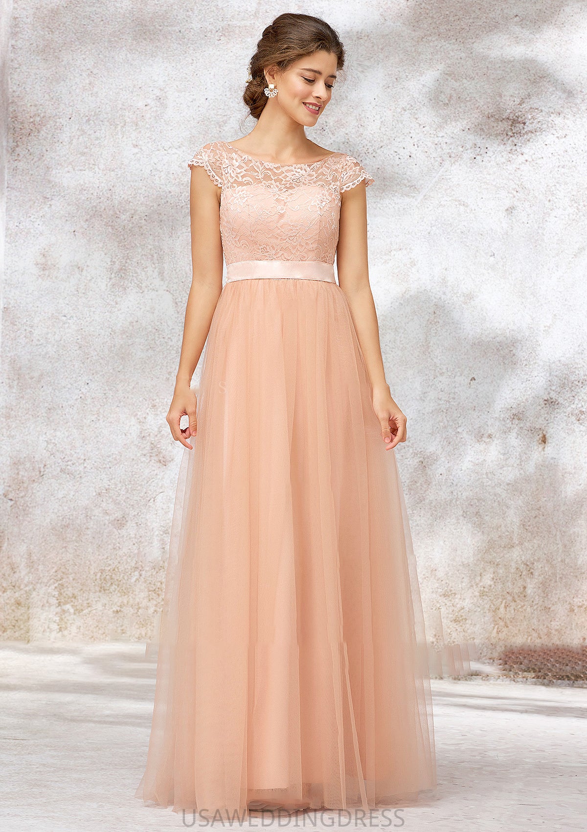 Sleeveless Bateau Long/Floor-Length Tulle A-line/Princess Bridesmaid Dresses With Sashes Lace Emilie DSP0025405