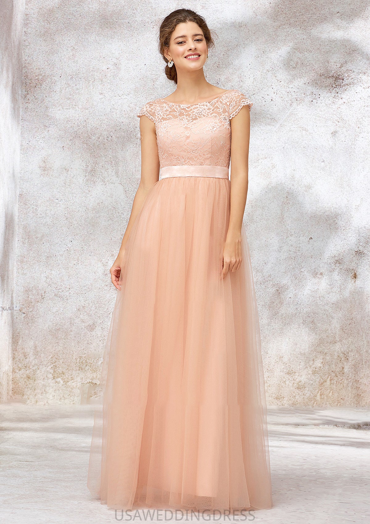 Sleeveless Bateau Long/Floor-Length Tulle A-line/Princess Bridesmaid Dresses With Sashes Lace Emilie DSP0025405