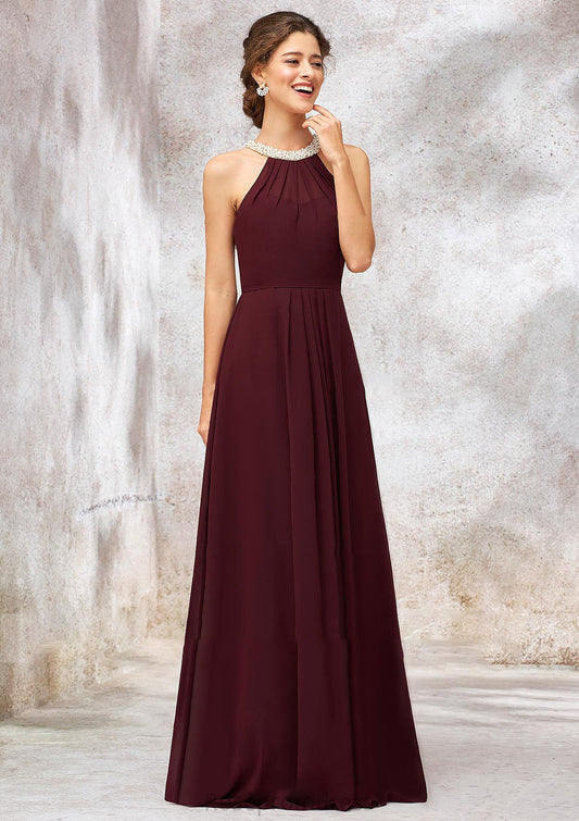 Sleeveless Scoop Neck Long/Floor-Length Chiffon A-line/Princess Bridesmaid Dresses With Pleated Beading Amiah SRSP0025406