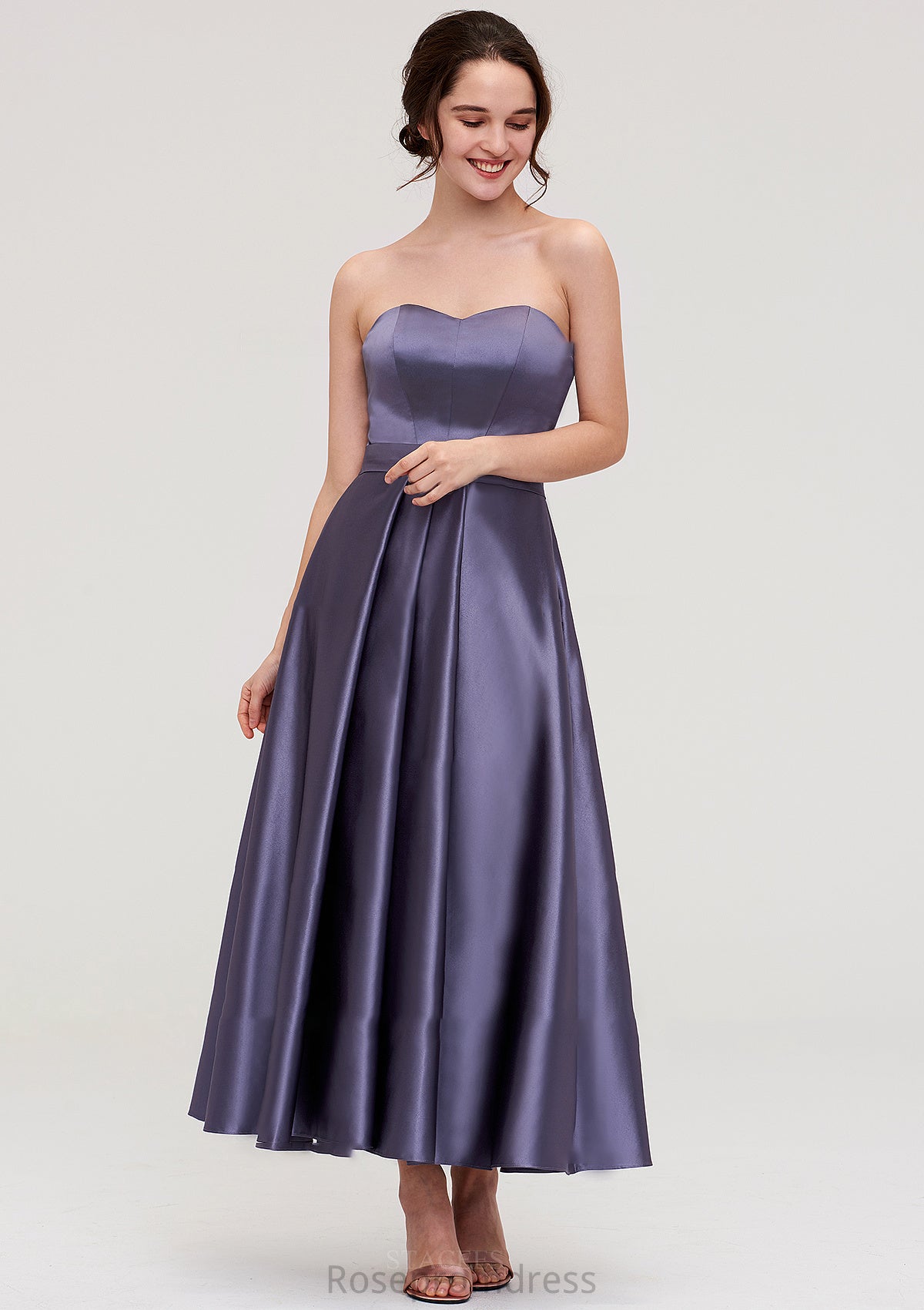 Sweetheart Sleeveless A-line/Princess Satin Ankle-Length Bridesmaid Dresses With Pleated Valery SRSP0025408