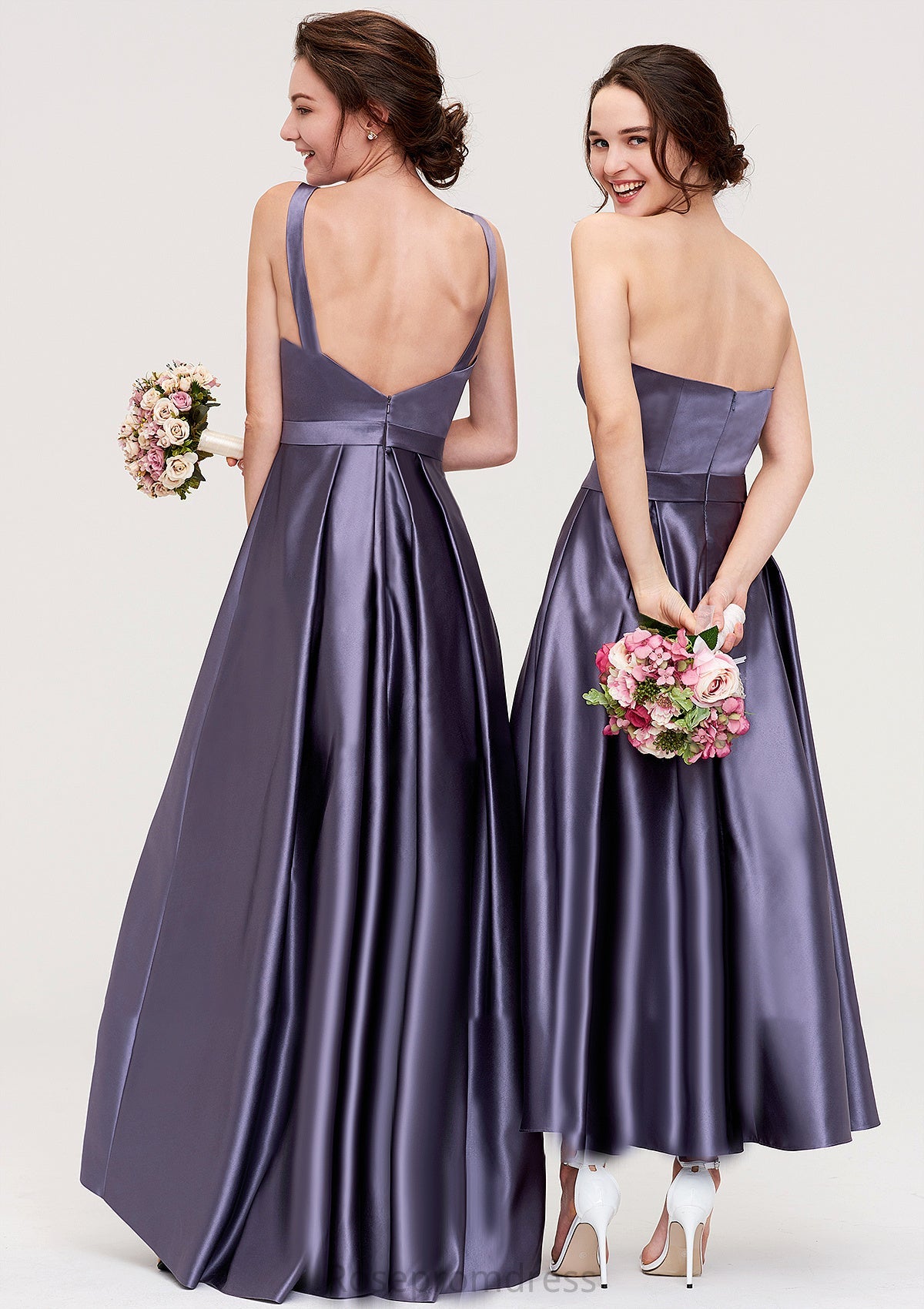 Sweetheart Sleeveless A-line/Princess Satin Ankle-Length Bridesmaid Dresses With Pleated Valery SRSP0025408