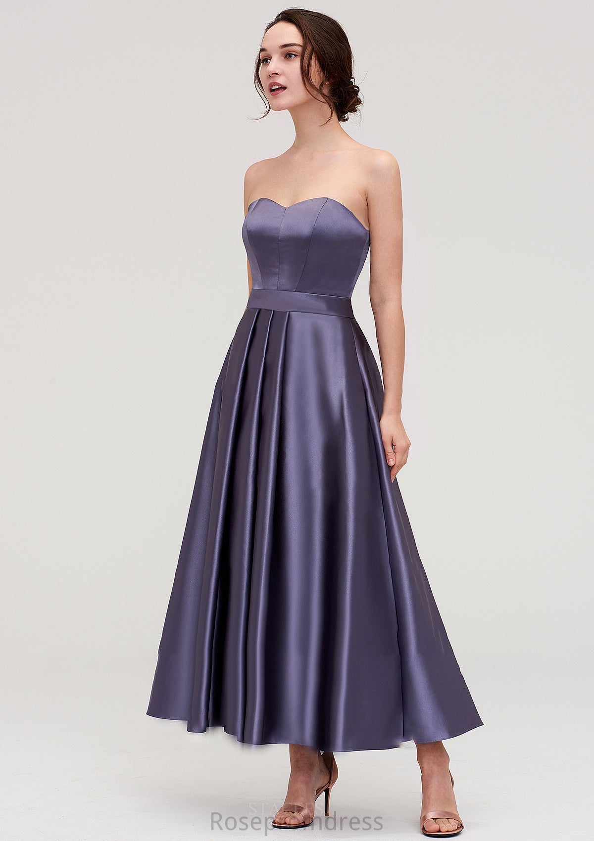 Sweetheart Sleeveless A-line/Princess Satin Ankle-Length Bridesmaid Dresses With Pleated Valery SRSP0025408