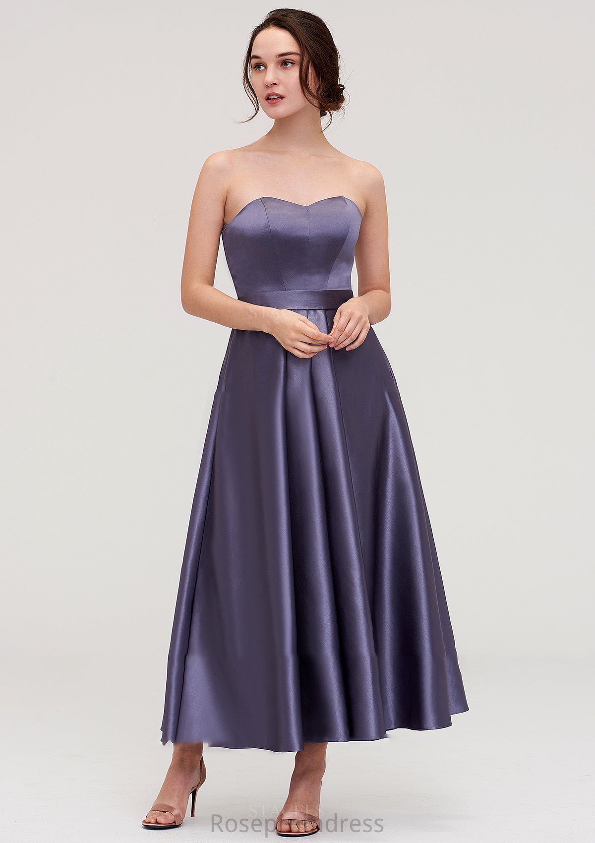 Sweetheart Sleeveless A-line/Princess Satin Ankle-Length Bridesmaid Dresses With Pleated Valery SRSP0025408